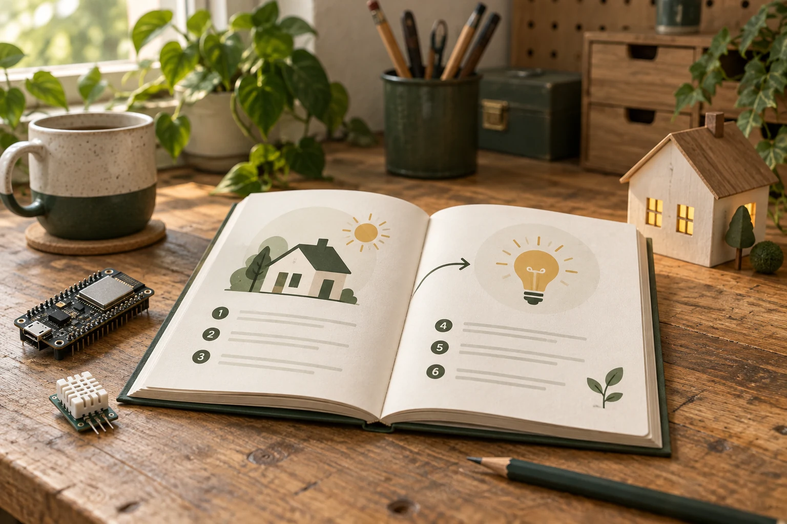 Illustratie van een open gids op een werkbank, met een microcontroller, sensor en houten huisje